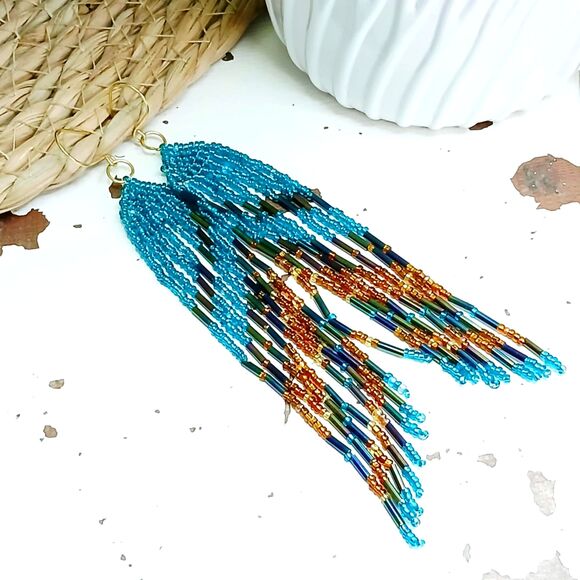 Long Boho Chic Fringe Dangle Earrings, Seed Bead Jewelry, 6" - Picture 1 of 8